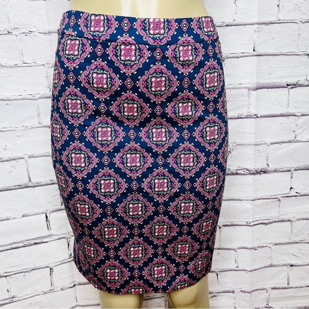 J. Crew Navy Blue Pink Printed Pencil Skirt
